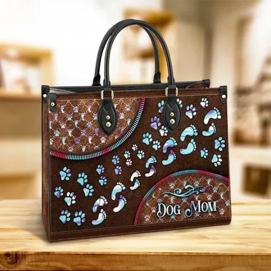 Discover Personalized Lovely Dog Mom Leather Handbag, Funny Dog Lover Leather Handbag