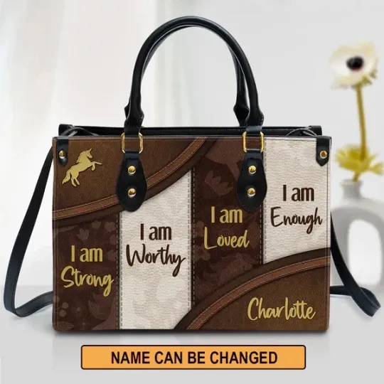 Discover Personalized I Am Worthy Strong Unique Loved Unicorn Leather Handbag Gift