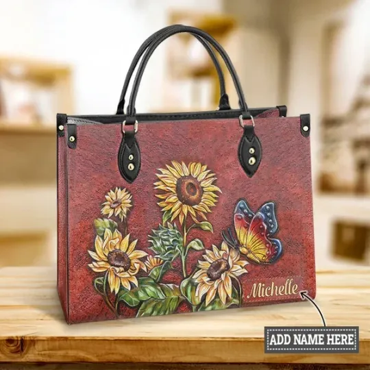 Discover Personalized Butterfly Sunflower Gorgeous Leather Handbag, Flowers Leather Bag