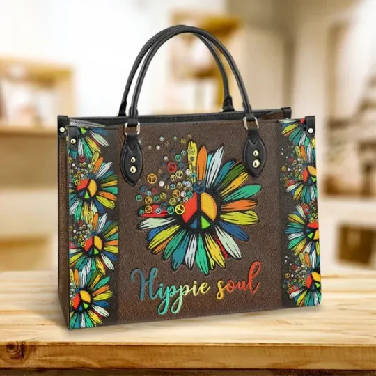 Discover Personalized Hippie Flowers Leather Handbag, Hippie Soul Leather Handbag Lover