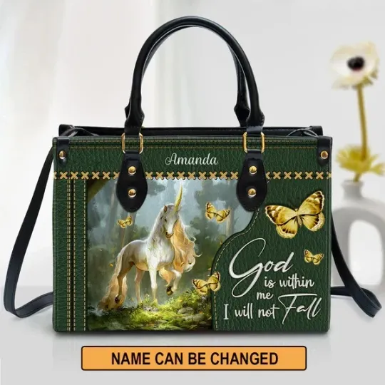 Discover Personalized Beautiful Unicorn God Is Within Me I Will Not Fall Leather Handbag