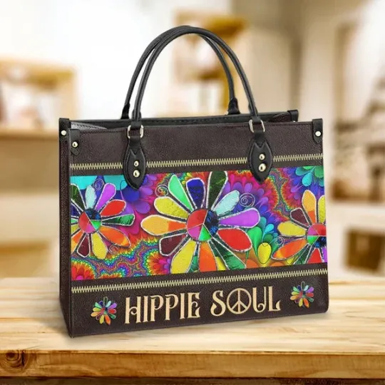 Discover Personalized Hippie Soul Leather Handbag, Hippie Flowers Leather Handbag Lover