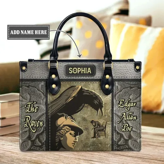 Discover Personalized The Raven Edgar Allan Poe Leather Handbag, Black Raven Leather Bag