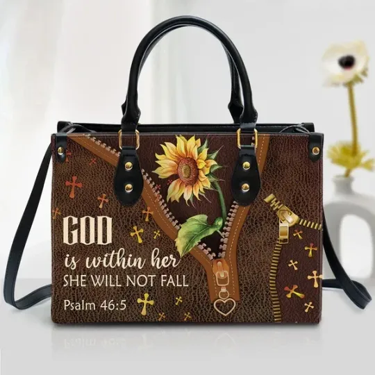 Discover Personalized God Is Within Her Leather Handbag, Love Sunflowers Leather Bag Gift