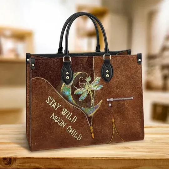 Discover Personalized Dragonfly Moon Leather Handbag, Hippie Dragonfly Leather Handbag