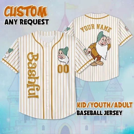 Discover Personalized Bashful Dwarf Snow White And 7 Dwarfs Striped Baseball Jersey Shirt