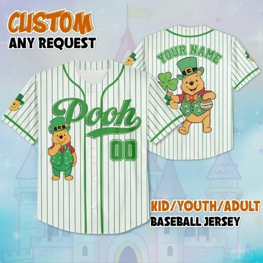 Discover Custom Pooh Bear Irish Shamrocks Happy St. Patrick's Day Baseball Jersey Shirt