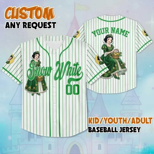 Personalized Snow White Princess Shamrocks Patrick's Day Baseball Jersey Shirt