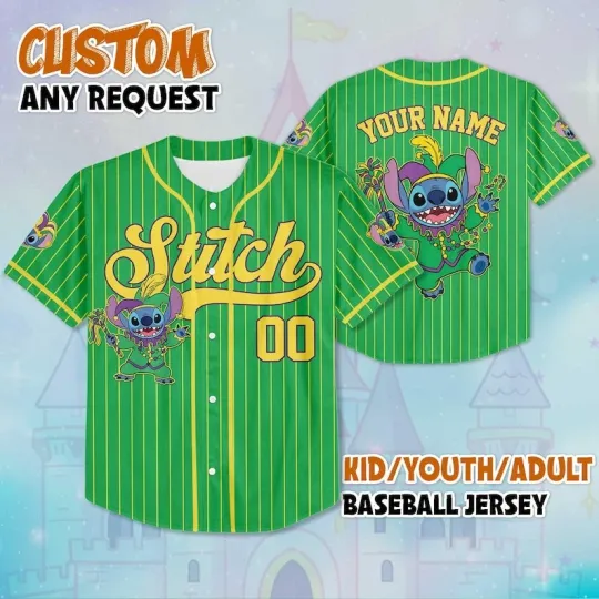 Discover Personalized Funny Stitch Mardi Gras New Orleans Green Baseball Jersey Shirt
