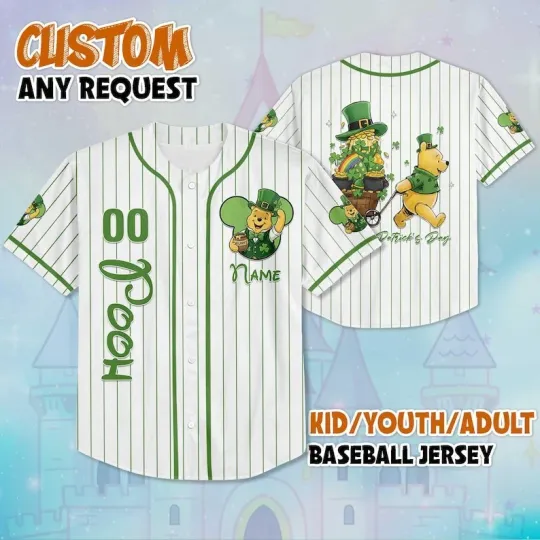 Discover Custom Pooh Bear Gold Coins Shamrocks St. Patrick's Day Baseball Jersey Shirt
