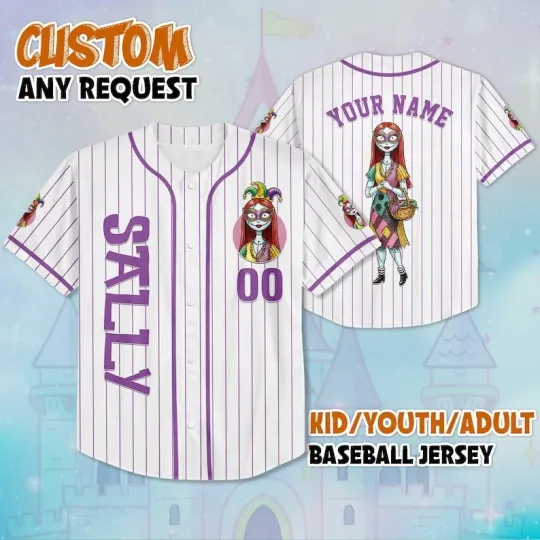 Discover Personalized Nightmare Before Xmas Sally Happy Mardi Gras Baseball Jersey Shirt