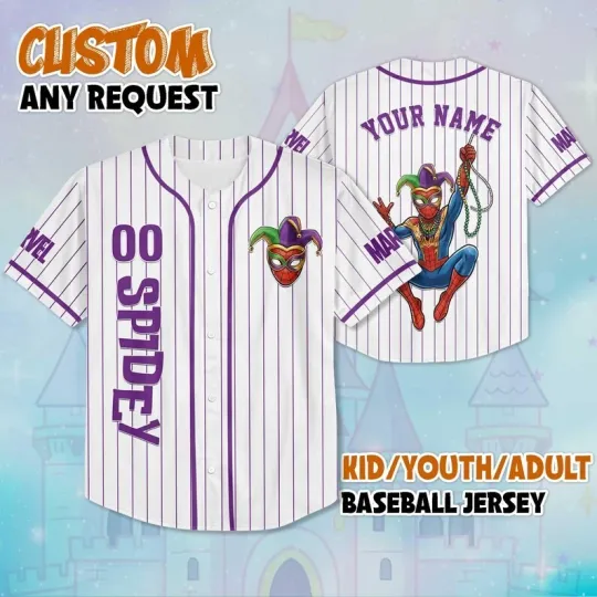 Discover Personalized Spider Man Spidey Superhero Happy Mardi Gras Baseball Jersey Shirt