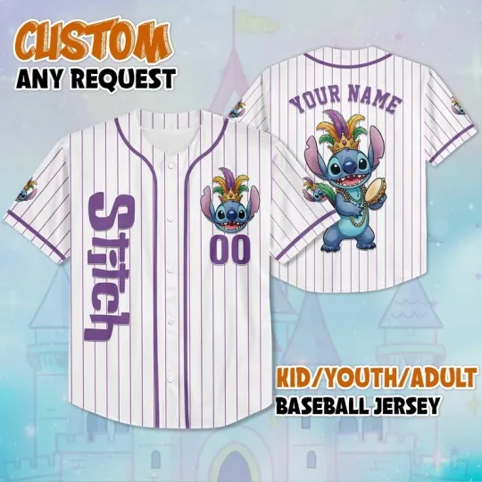 Discover Personalized Cute Stitch Happy Mardi Gras Lilo And Stitch Baseball Jersey Shirt