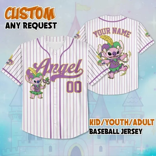 Discover Personalized Cute Angel Happy Mardi Gras Lilo & Stitch Baseball Jersey Shirt