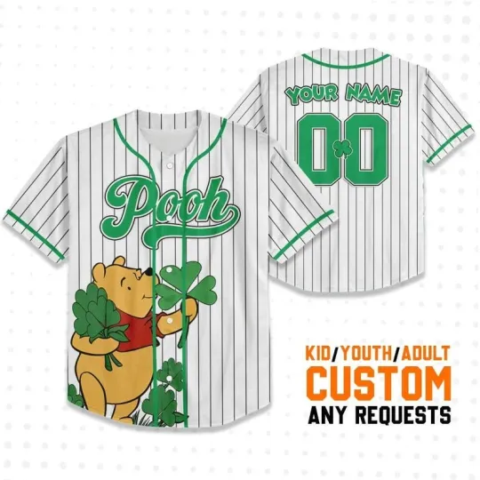 Discover Personalized Pooh Bear Lucky Shamrocks Saint Patrick’s Day Baseball Jersey Shirt