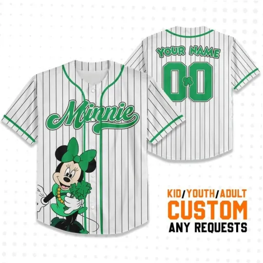 Discover Personalized Minnie St. Patrick’s Day Green White Striped Baseball Jersey Shirt