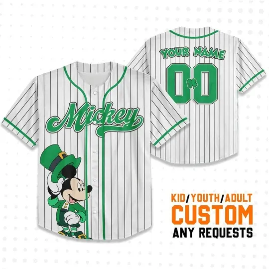 Discover Personalized Mickey St. Patrick’s Day Green White Striped Baseball Jersey Shirt
