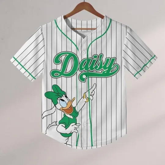 Discover Custom Daisy Duck St. Patrick’s Day Green White Striped Baseball Jersey Shirt