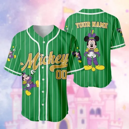 Discover Personalized Mickey Mouse Happy Mardi Gras Green Themed Baseball Jersey Shirt