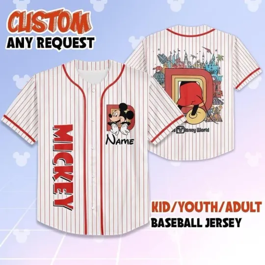 Discover Personalized Mickey Magic Kingdom Trip Red White Striped Baseball Jersey Shirt