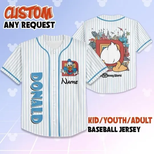 Discover Personalized Donald Duck Magic Kingdom Blue White Striped Baseball Jersey Shirt