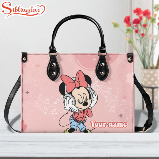 Discover Custom Name Cute Minnie Mouse Music Leather Handbag