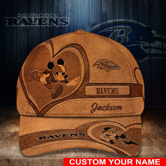 Discover Custom Name football Baltimore Ravens Mickey Mouse Classic Baseball Cap
