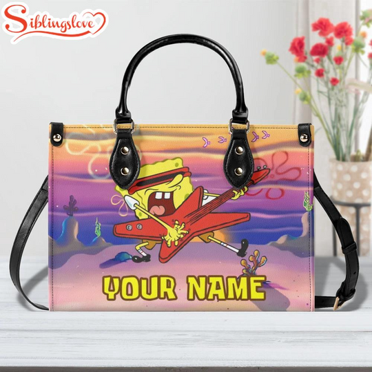 Custom Name Spongebob Playing Guitar Leather Handbag