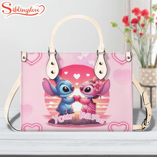 Discover Custom Name Stitch And Lily Cute Leather Handbag