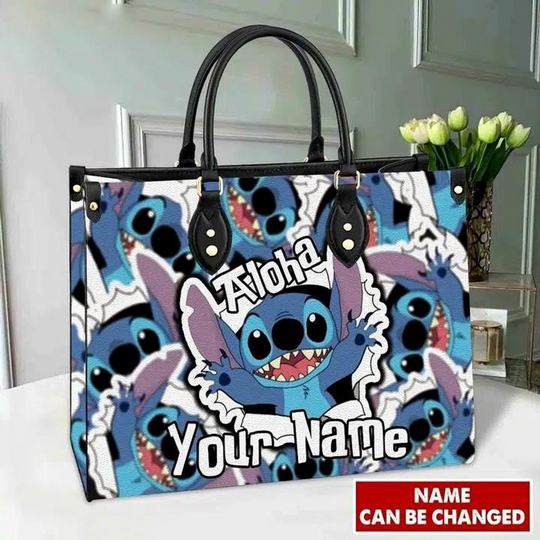 Discover Custom Name Stitch Cute Cartoon Women Leather Handbag
