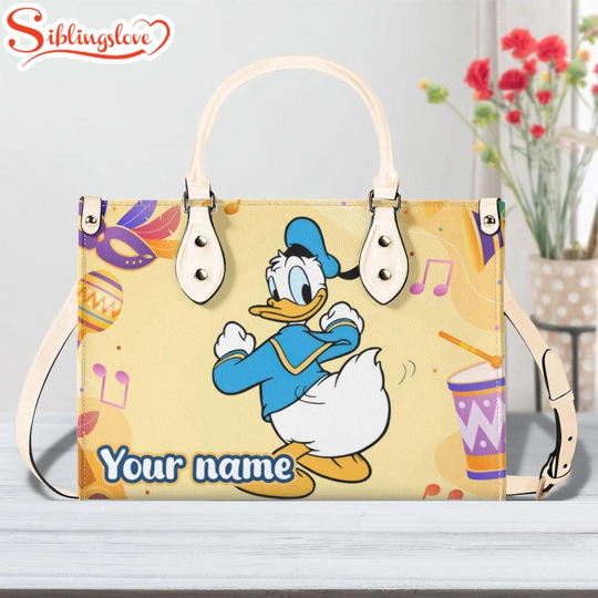 Custom Name Cute Donald Duck Dancing Leather Handbag