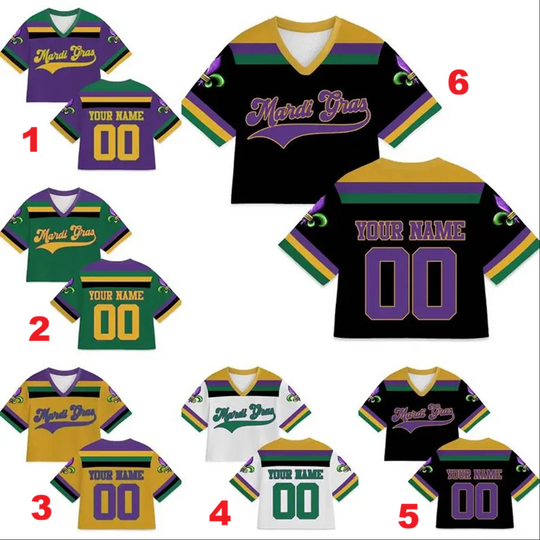 Personalized Mardi Gras Crop Top Football Jersey, Custom Name Mardi Gras Football Jersey, Jersey Uniform For Football Fans Mardi Gras Outfit