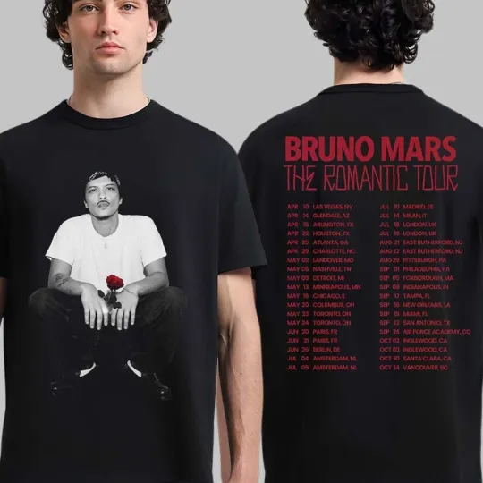 Discover Bruno Mars The Romantic Tour 2026 Merch Rose T-shirt Allsize For Fan