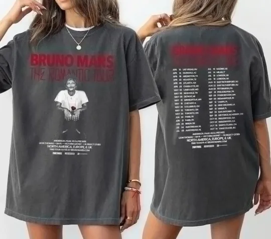 Discover Bruno Mars The Romantic Tour 2026 Shirt, Bruno Mars Concert, charcoal shirt