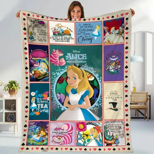 Alice In Wonderland Mad Hatter Cheshire Cat White Rabbit Fleece Blanket