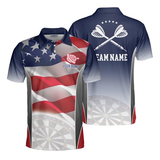 Discover Darts Polo Shirt, Wavy American Flag, Custom Name Team, Patriotic Dart Player Gift for Men, USA Ombre Dartboard