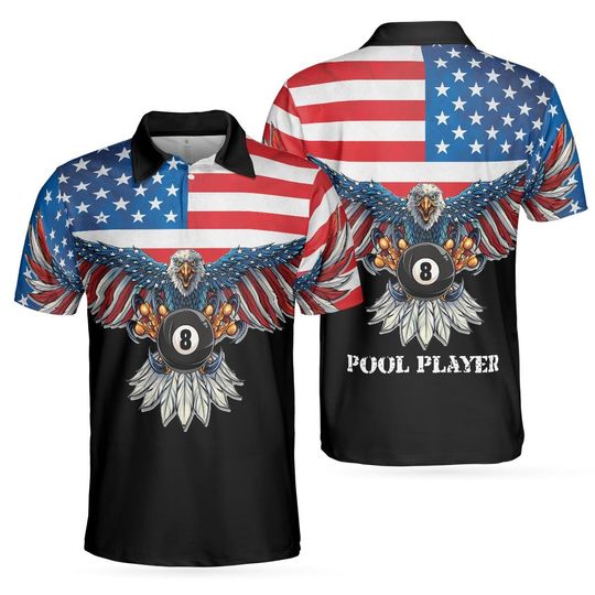Discover Billiards American Eagle Polo Shirt, Cool American Flag Billiards Shirt For Men, Best Billiards Gift Idea