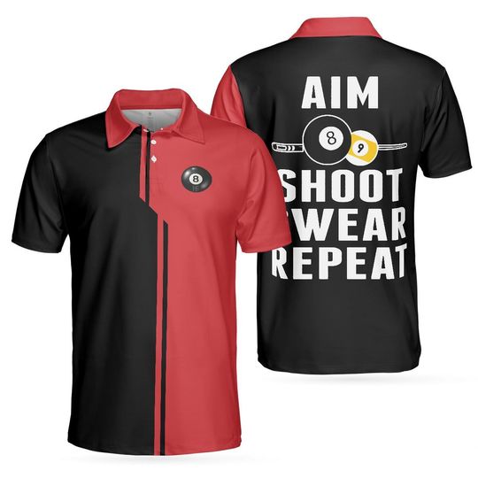 Discover Aim Shoot Swear Repeat V2 Polo Shirt, Black And Red Billiards Shirt For Men, Gift For Billiards Lovers