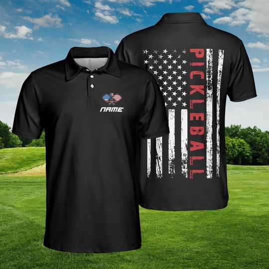 Discover Pickleball Black Flag Polo Shirt, Patriotic Custom Name, All-Over Print, Distressed USA, Black White Pickleballer Gift, Tournament Gear