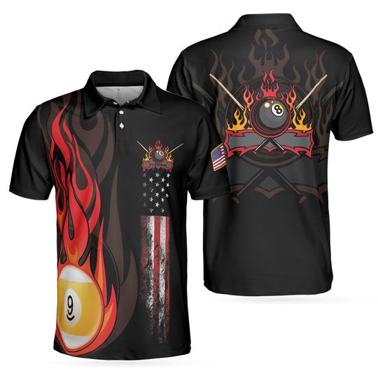 Discover Flame 9 Ball Billiards Pool Polo Shirt, American Flag Billiards Shirt For Men, Gift For Pool Players
