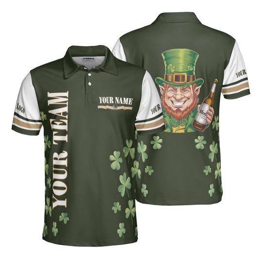 Discover Custom St. Patrick's Day Polo Shirt, Personalized with Your Name Team, Leprechaun with Beer & Shamrocks Design, Green White