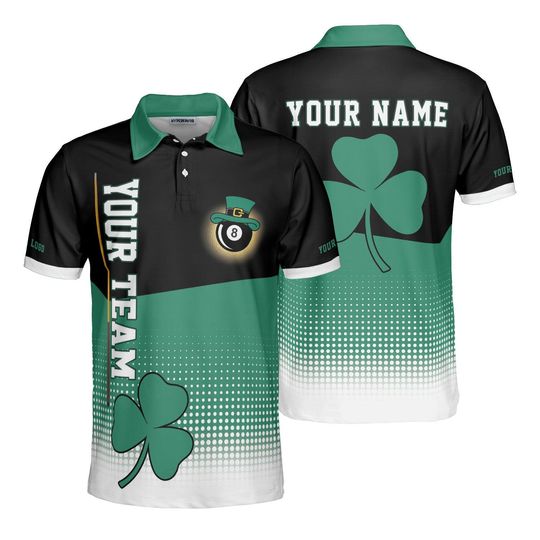 Discover Custom St. Patrick's Day Polo Shirt, Personalized with Your Name & Team, 8-Ball and Shamrock Design, Green Black