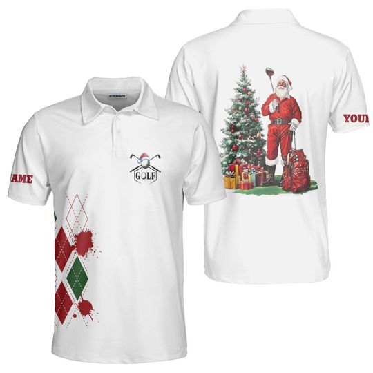 Discover Custom Christmas Golf Polo Shirt, Santa Golfer with Tree and Gifts, Personalized with Your Name, Holiday Golf Apparel