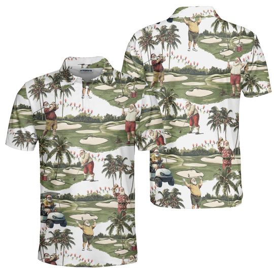 Discover Custom Christmas Golf Polo Shirt, Santa Golfing with Palm Trees and Golf Cart, Festive Tropical Design, Holiday Golf Apparel