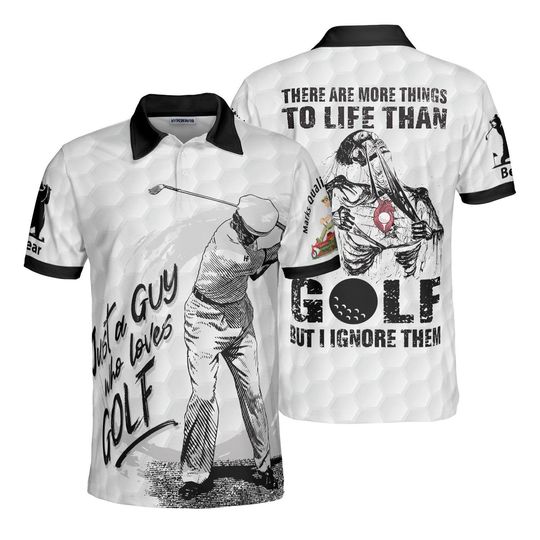 Discover Custom Golf Polo Shirt, 'There Are More Things to Life Than Golf, But I Ignore Them' Design, Golfer and Skeleton Graphic, Black & White