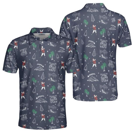 Discover Custom Christmas Polo Shirt, Santa Golfing with Palm Trees and Snowflakes, Festive Holiday Design, Fun and Unique Golf Apparel