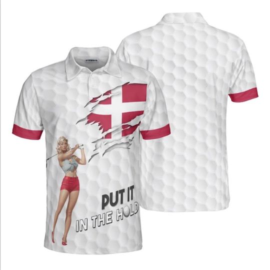 Discover Custom Golf Polo Shirt, Denmark Flag Design with Vintage Golfer, 'Put It In The Hole' Graphic