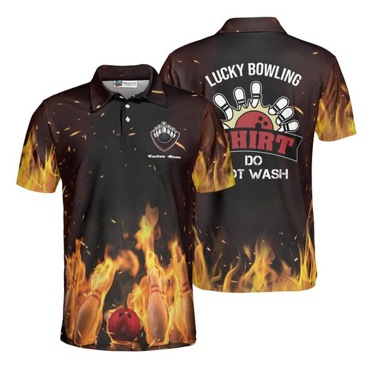 Discover Lucky Bowling Shirt Polo, Do Not Wash, Custom Name, Flaming Pins, Moisture Wicking Bowler Gift