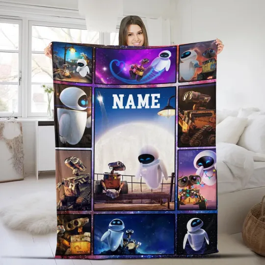 Discover Personalized Wall-E And Eve Velveteen Blanket, Disney Couple Sofa Fleece Blanket