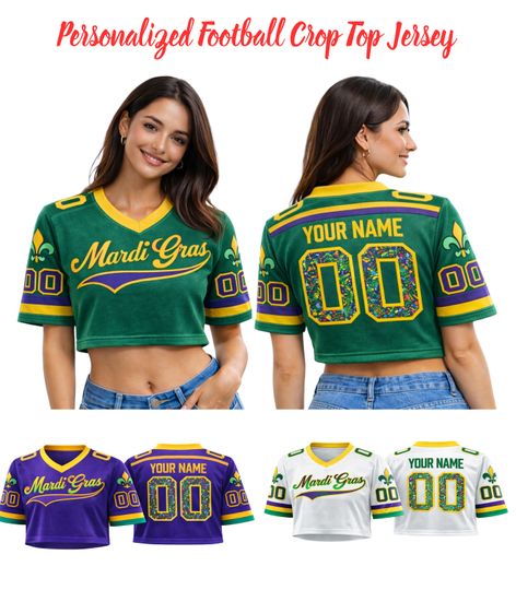Discover Mardi Gras Football Crop Top Jersey, Custom Name & Number Crop Top, Carnival Game Day Outfit, Personalized Fan Gift
